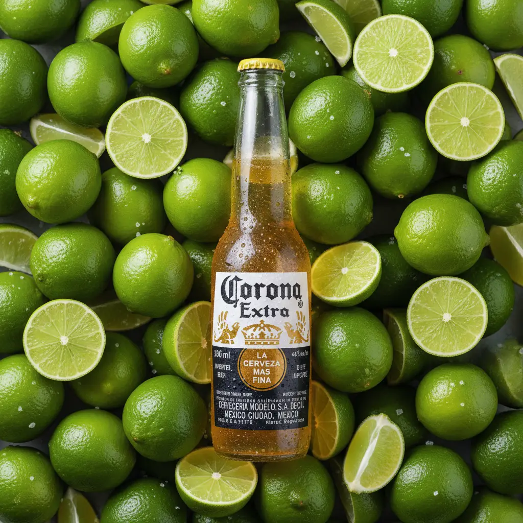 Corona Extra bottle surrounded by fresh limes