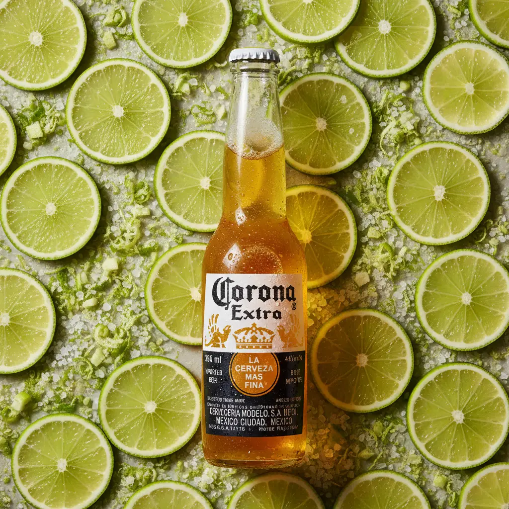 Corona Extra bottle over sliced limes and salt