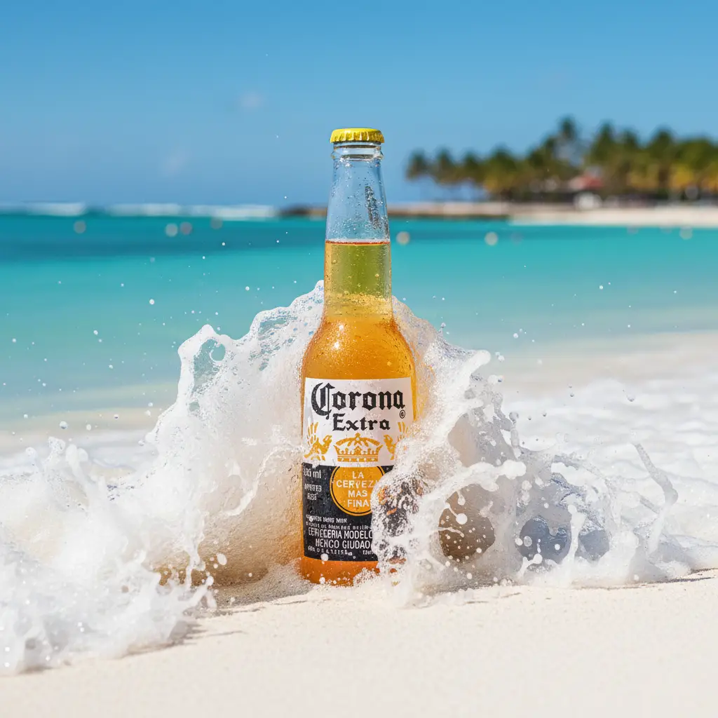 Corona Extra bottle on a bright beach with ocean splash