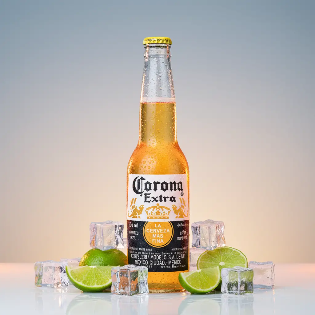 Corona Extra bottle with ice and lime in studio light