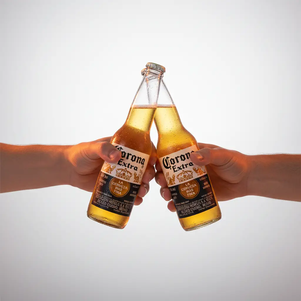Two Corona Extra bottles clinking against a clean light background