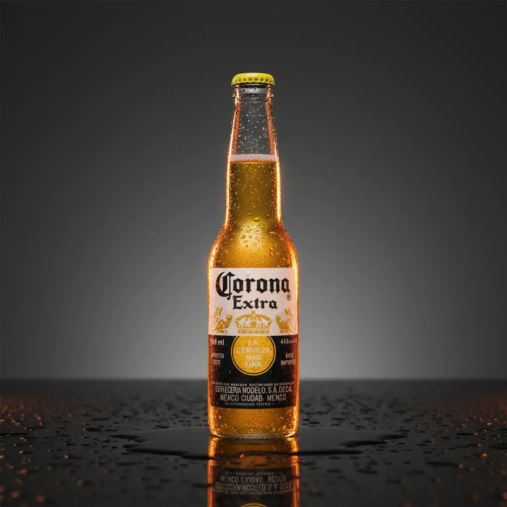Corona Extra bottle in dark studio lighting