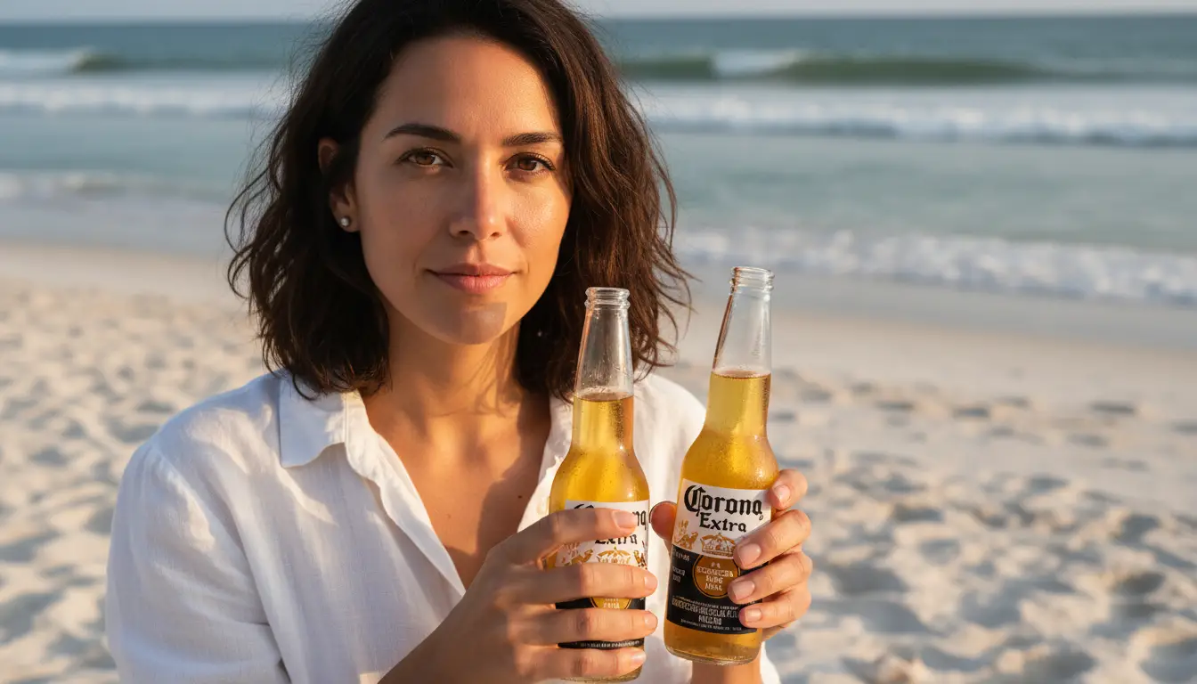Woman holding two Corona Extra bottles on the beach
