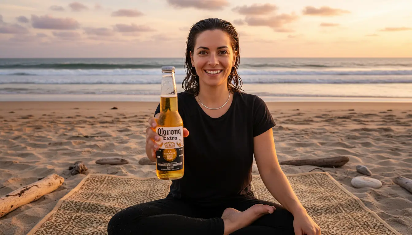 Woman holding a Corona Extra bottle at sunset on the beach