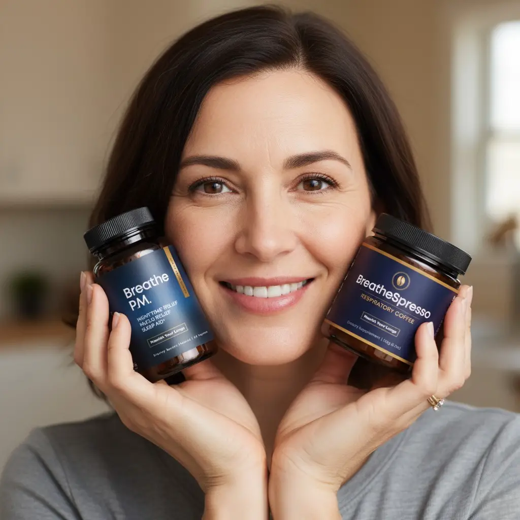 Breathe — woman holding BreathePM and BreathePresso products