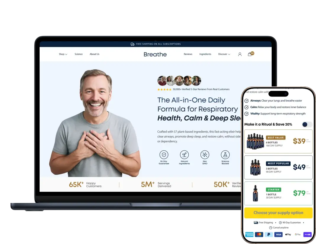 Breathe — woman holding BreathePM and BreathePresso products