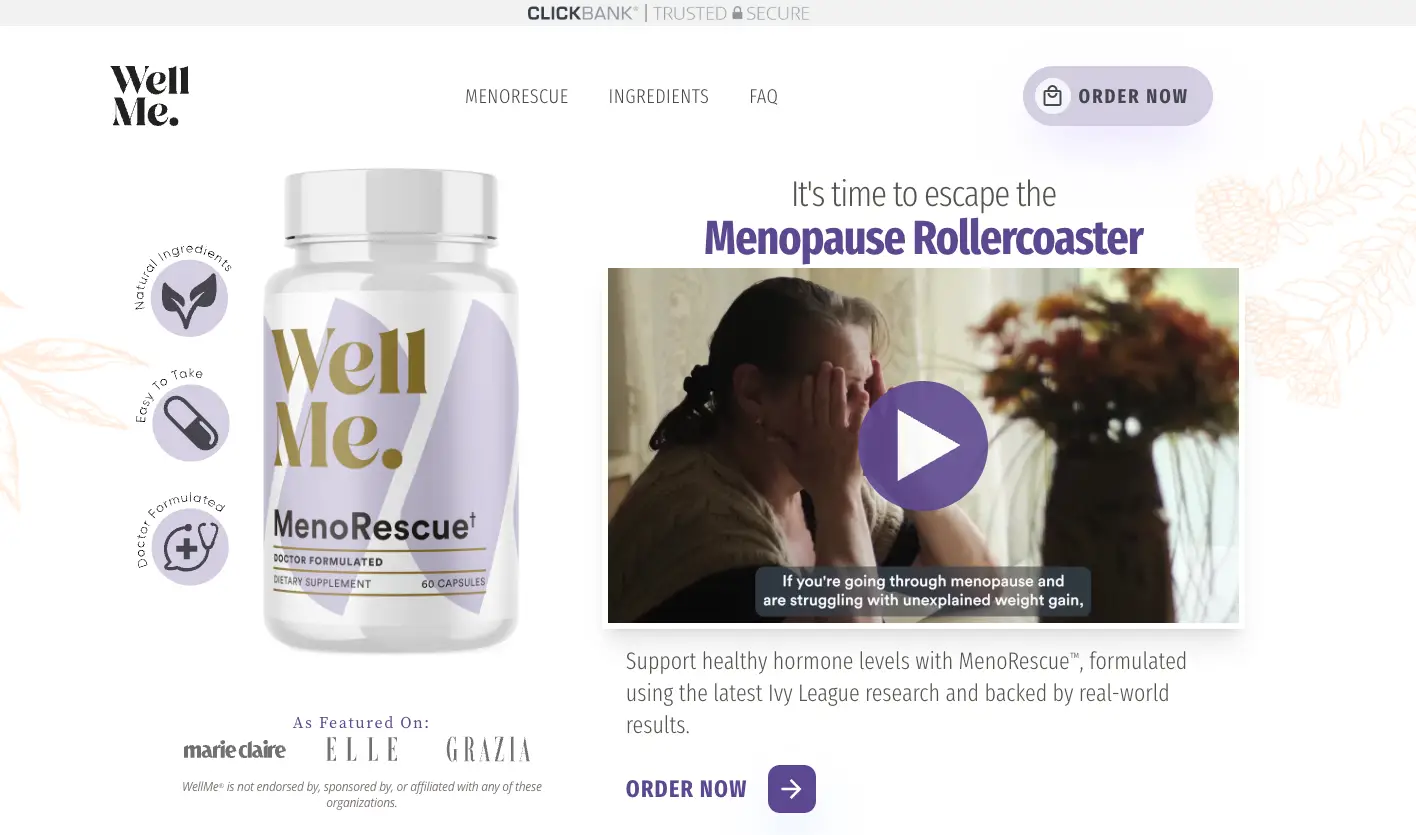 Menorescue funnel page shown inside a browser frame
