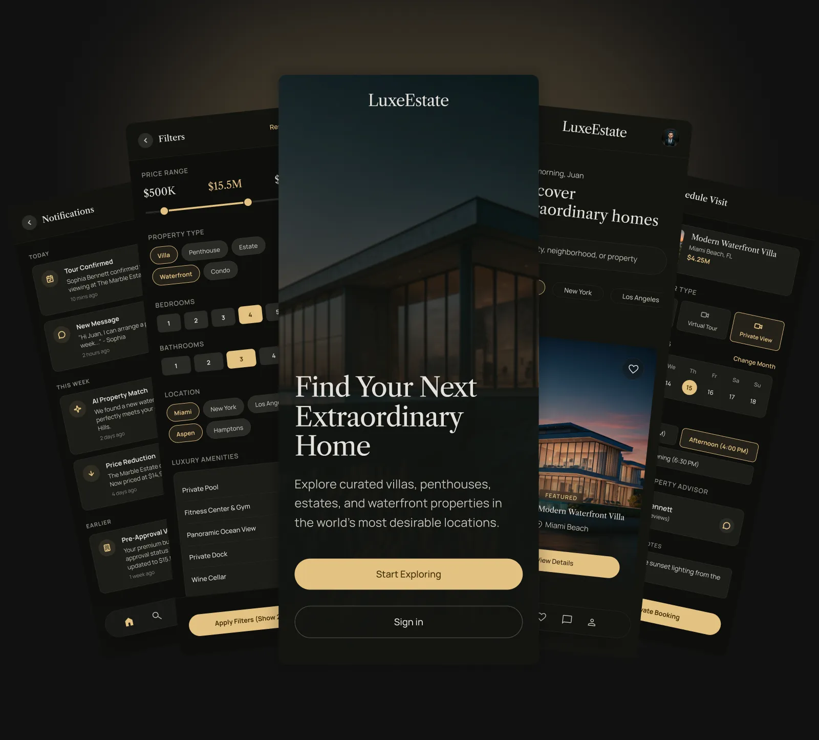 Luxeestate property app screens: curated search, gallery, and agent chat.
