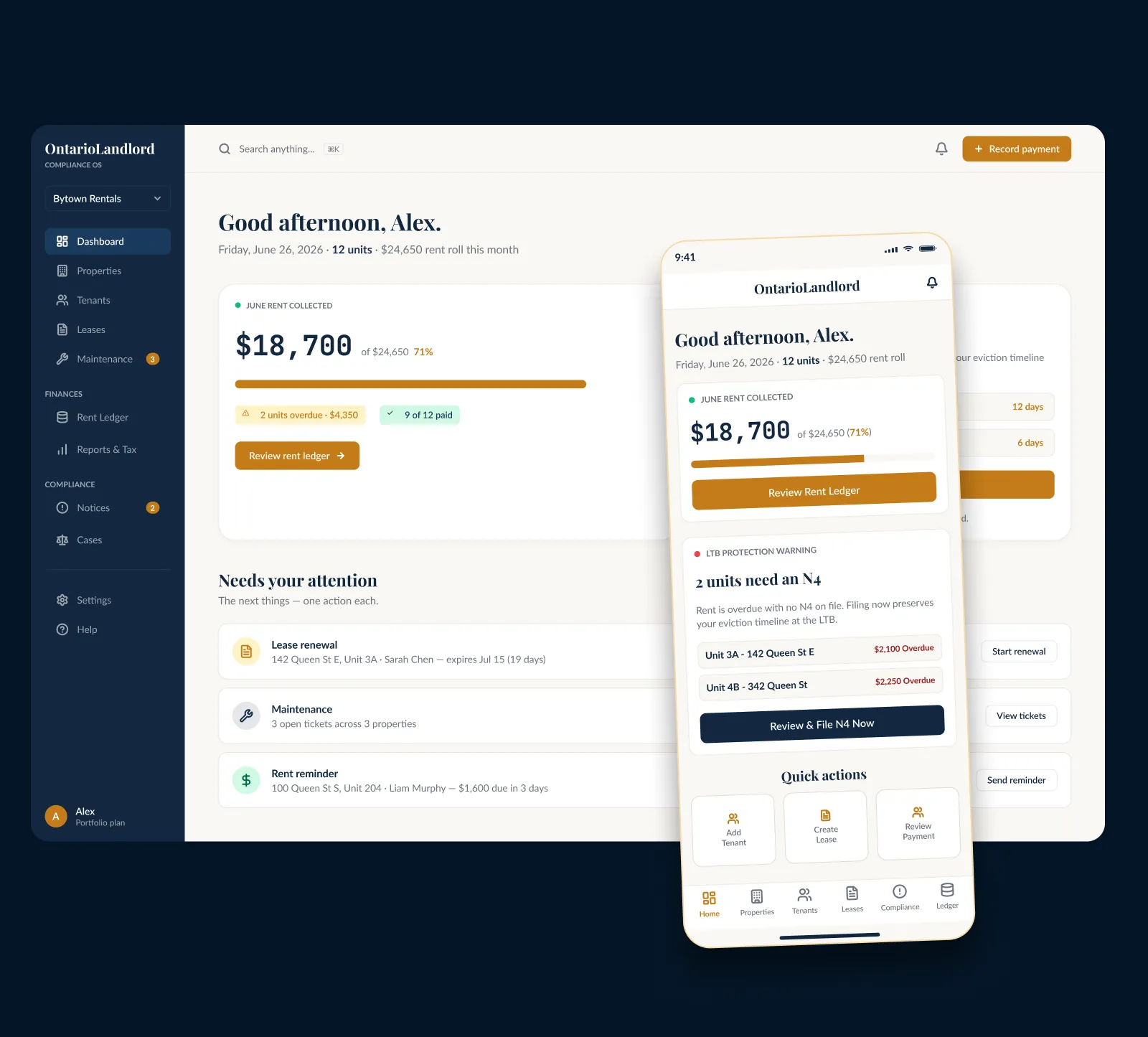 OntarioLandlord dashboard: tenant ledger, properties and management state.
