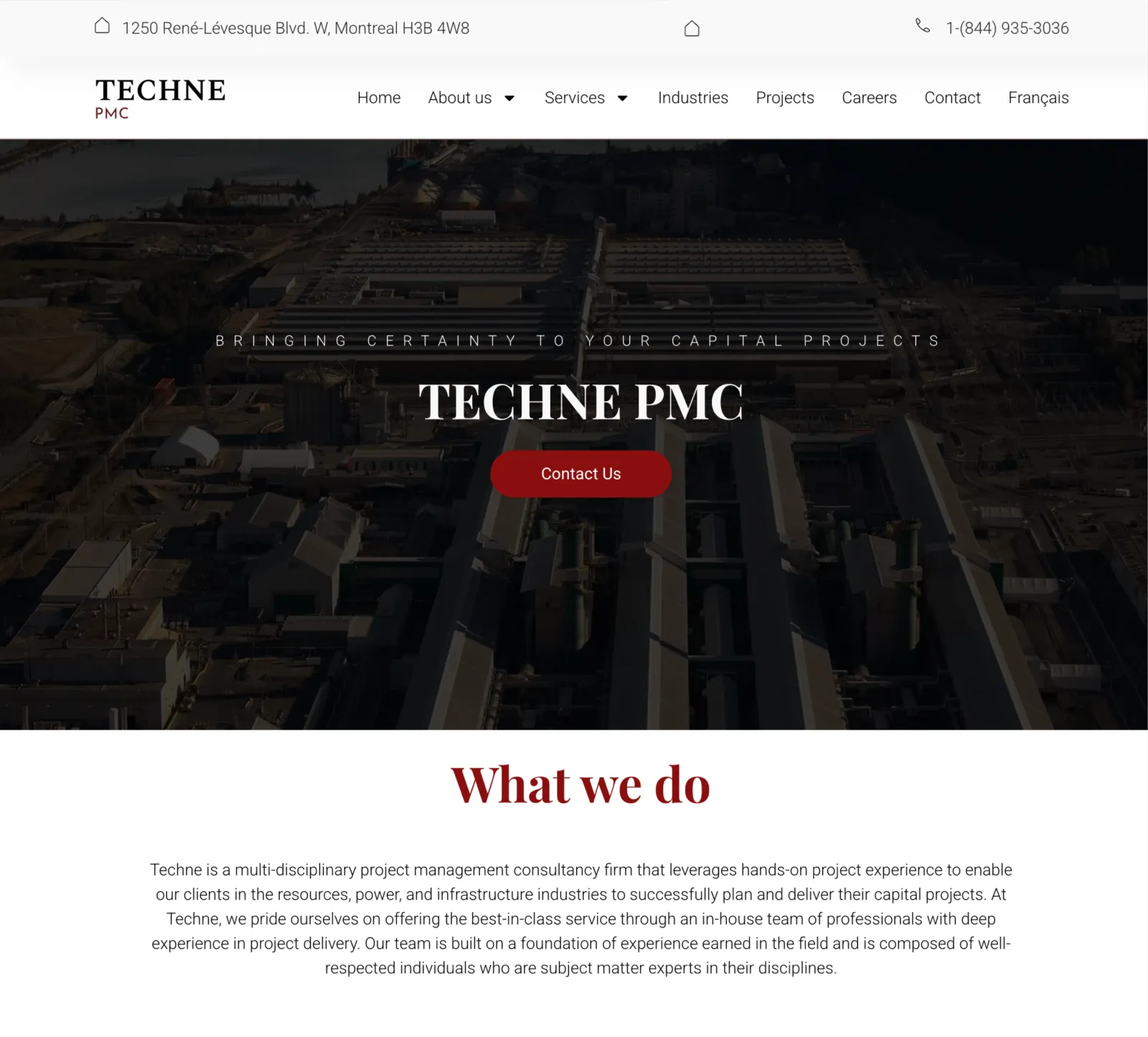 Techne PMC corporate website: dark hero statement and service overview.
