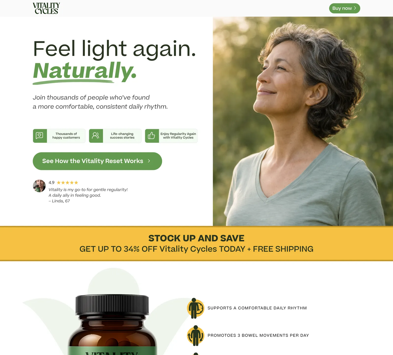 Vitality Cycles wellness ecommerce landing page with hero, trust cues, offer band and product education.