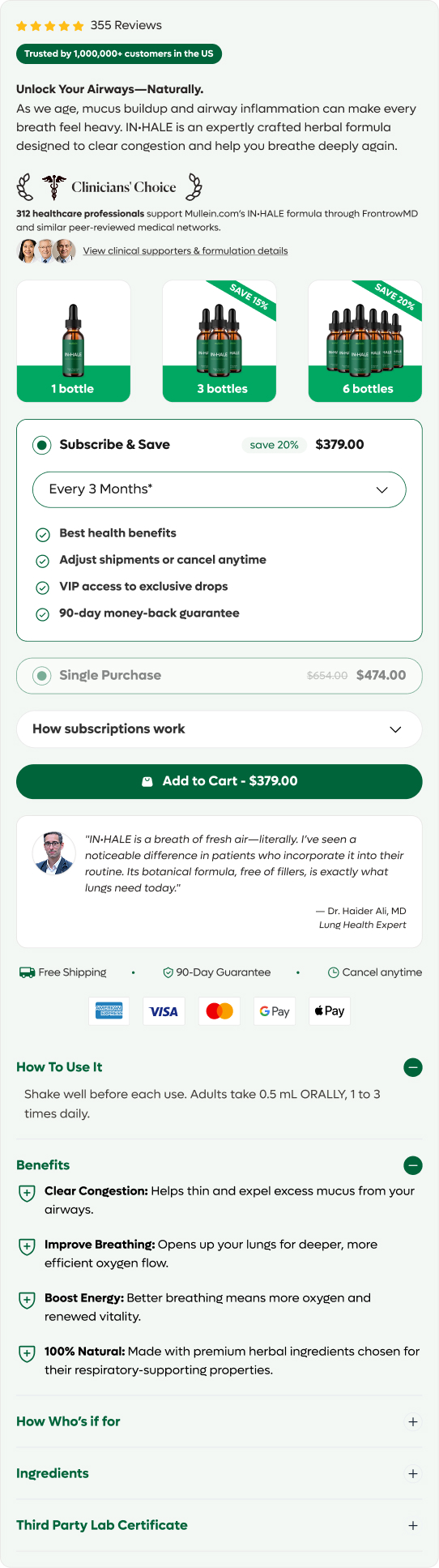 Mullein PDP right column with product information, purchase controls and FAQ.