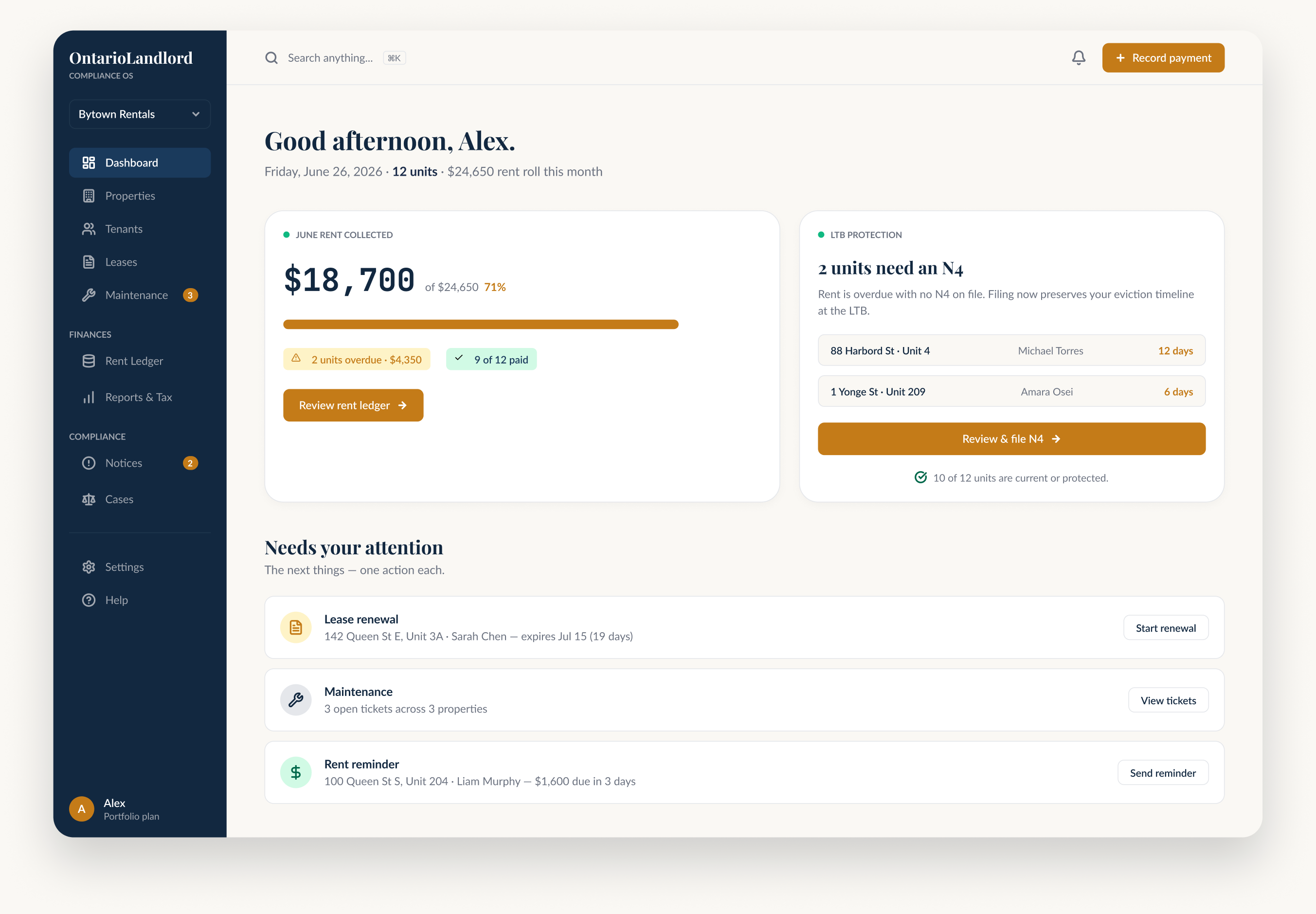 OntarioLandlord dashboard showing portfolio context, priority states and next actions