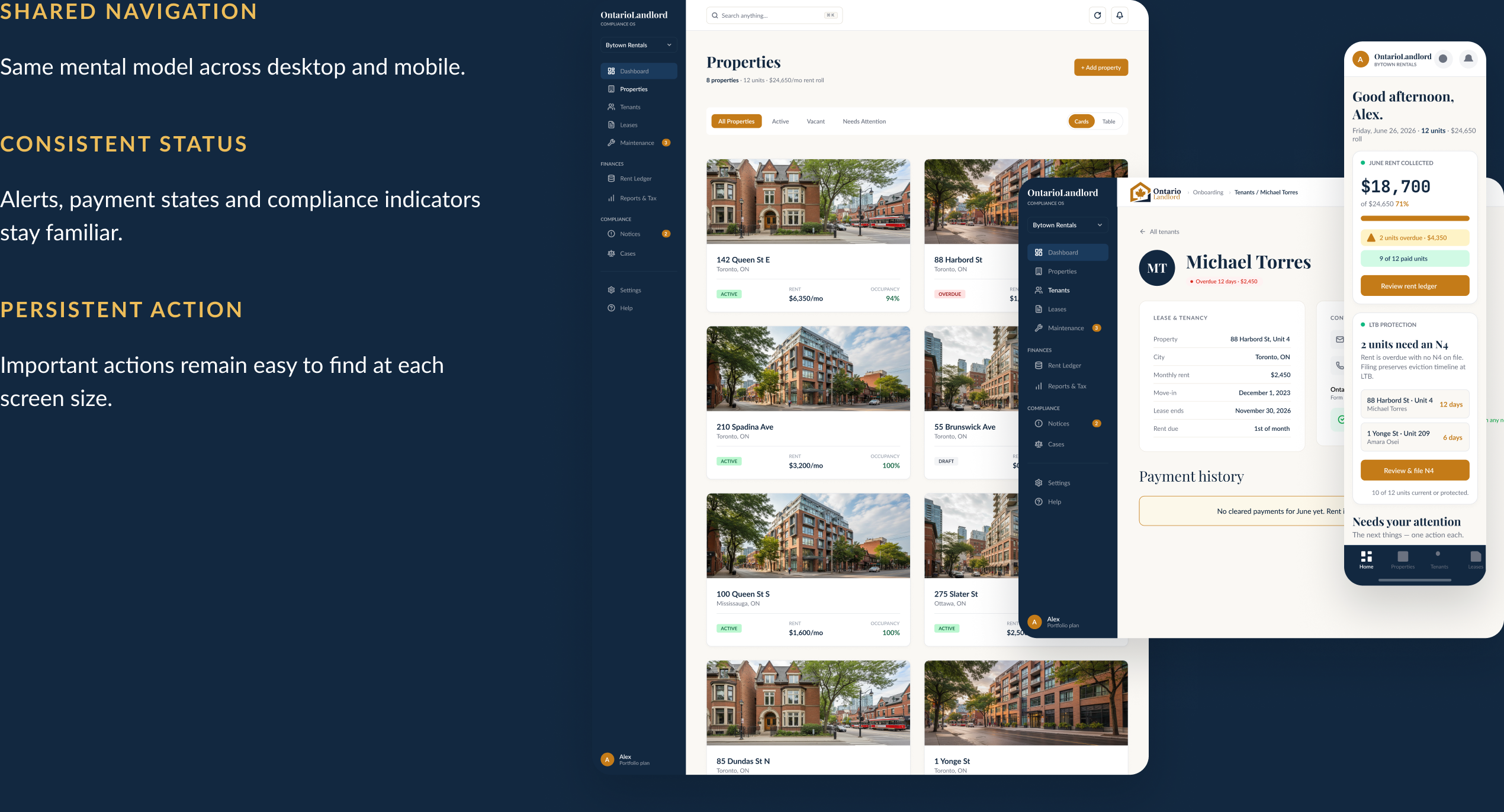 OntarioLandlord responsive product screens demonstrating a consistent hierarchy