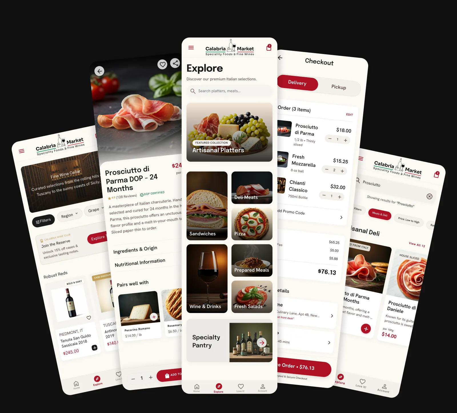 Calabria Market mobile commerce screens: home, category exploration, and premium product detail.