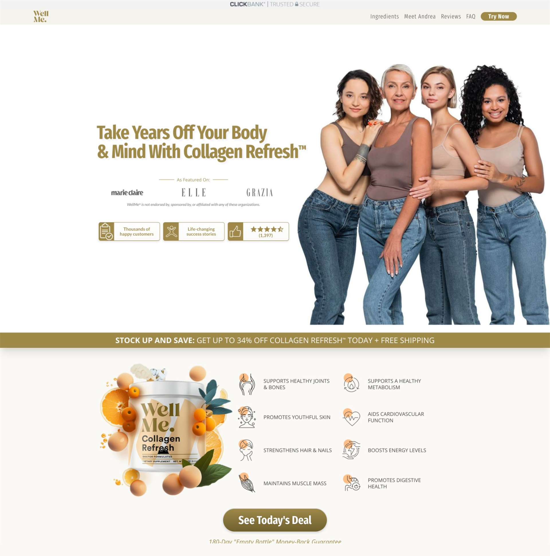 Your Collagen Source ecommerce offer page showing Collagen Refresh product, social proof, benefits and offer framing